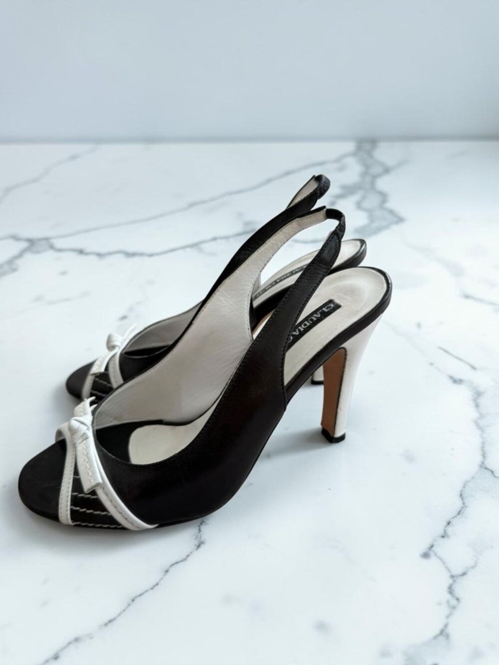 CLAUDIA CIUTI Black White Leather Slingback Heels Size 5.5
